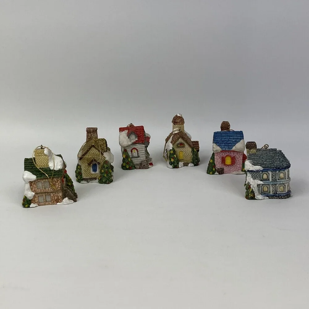 Lot Set 6 VTG Christmas Village Ornaments Mini Houses Bakery Antiques Snow Resin